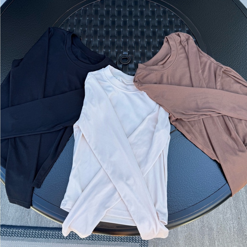 Set of Three Long Sleeve Tops in Black, White, and Brown